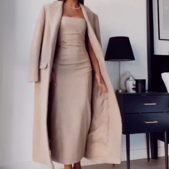 Zara Faux Leather Strapless Bloggers Favorite Back Slit Midi Dress Cream Small - Picture 5 of 16